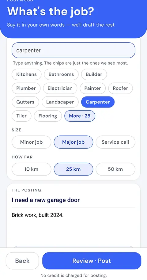 The same job after the conversation: the trade set to Carpenter, the size set to Major job, the distance set to 25 kilometres, and the drafted posting.