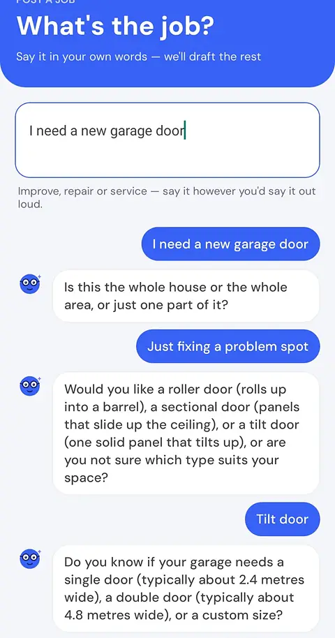 Posting a job in the House Spek app: the owner has typed I need a new garage door, and the app is asking whether it is the whole area or one part, then which door type.