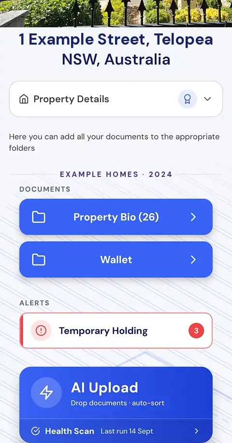 A property in the House Spek app, with the builder line reading Example Homes and the year of completion set into the sheet above the folders.