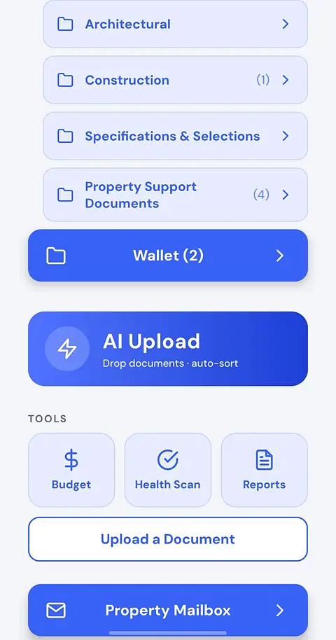 The folder list inside a Logbook, with AI Upload, Budget, Health Scan, Reports and the Property Mailbox below it.