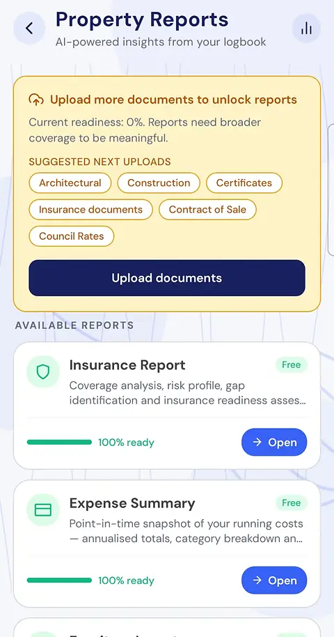 The Property Reports screen, listing an Insurance Report, an Expense Summary and a Furniture Inventory.
