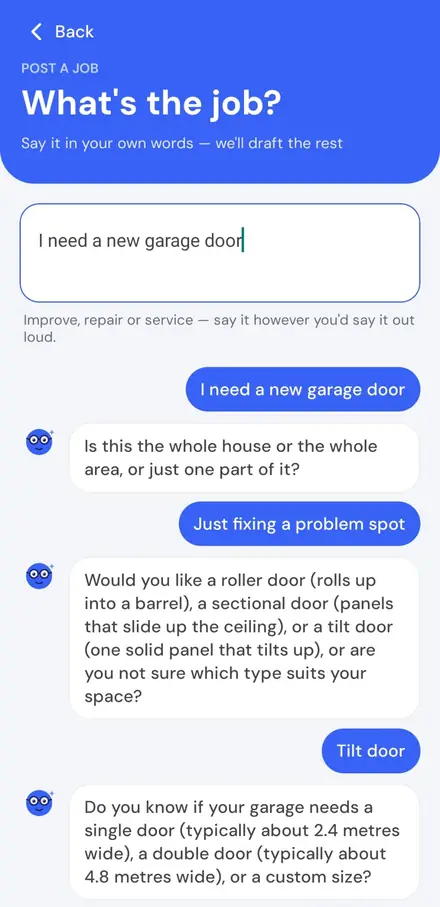 Posting a job in the House Spek app: the owner describes the work in their own words and the app asks the questions a trade would ask.