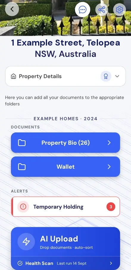 The House Spek app open on a property: its photograph, its address, the builder line reading Example Homes, the document folders and the AI upload panel at the foot.