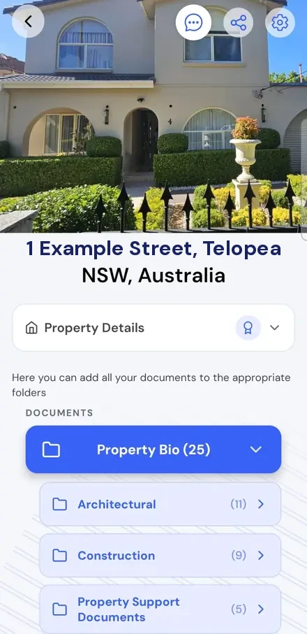 The House Spek app open on a property: its photograph, its address, and the document folders with their counts beneath it.